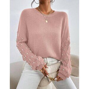 Casual Pink Pearl Round Neck Drop Shoulder